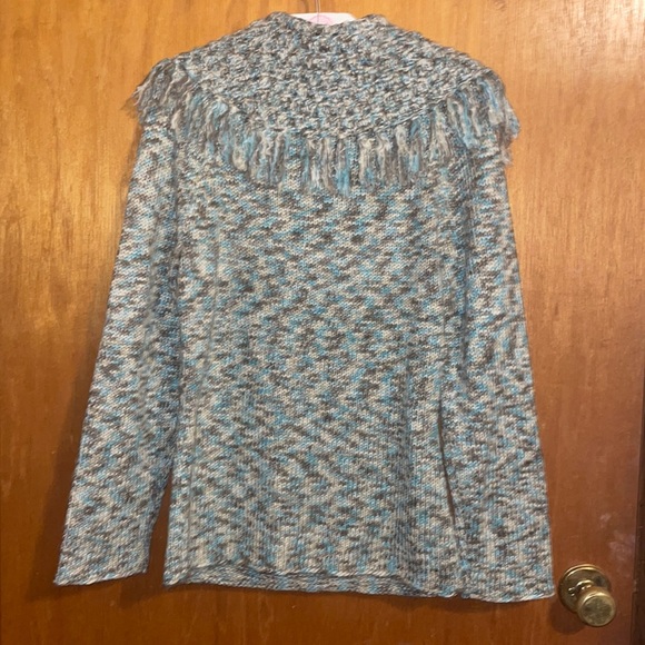 •SPANNER•NWOT TEAL/TAN/OATMEAL COWLNECK SHAWL FRINGE KNIT SWEATER SIZE MEDIUM - Picture 10 of 10